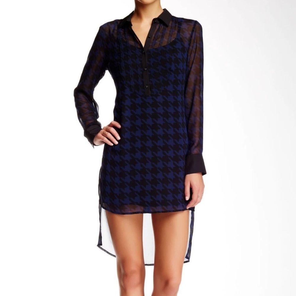 BCBGeneration Navy Blue and Black Houndstooth Long Sleeve High Low Dress